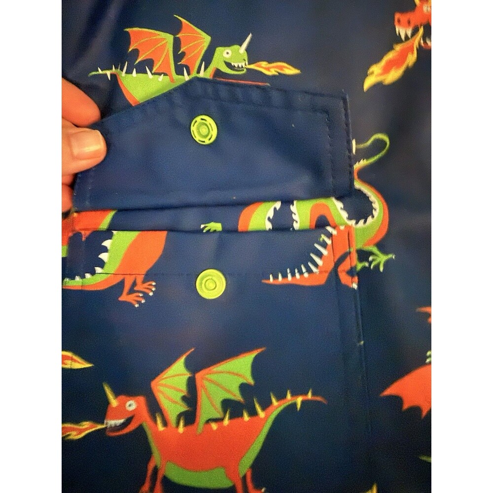 Hatley Boys Rain Jacket Blue Dragons Green Cloth Lined Hood Snap Close Size 7 - Picture 4 of 7